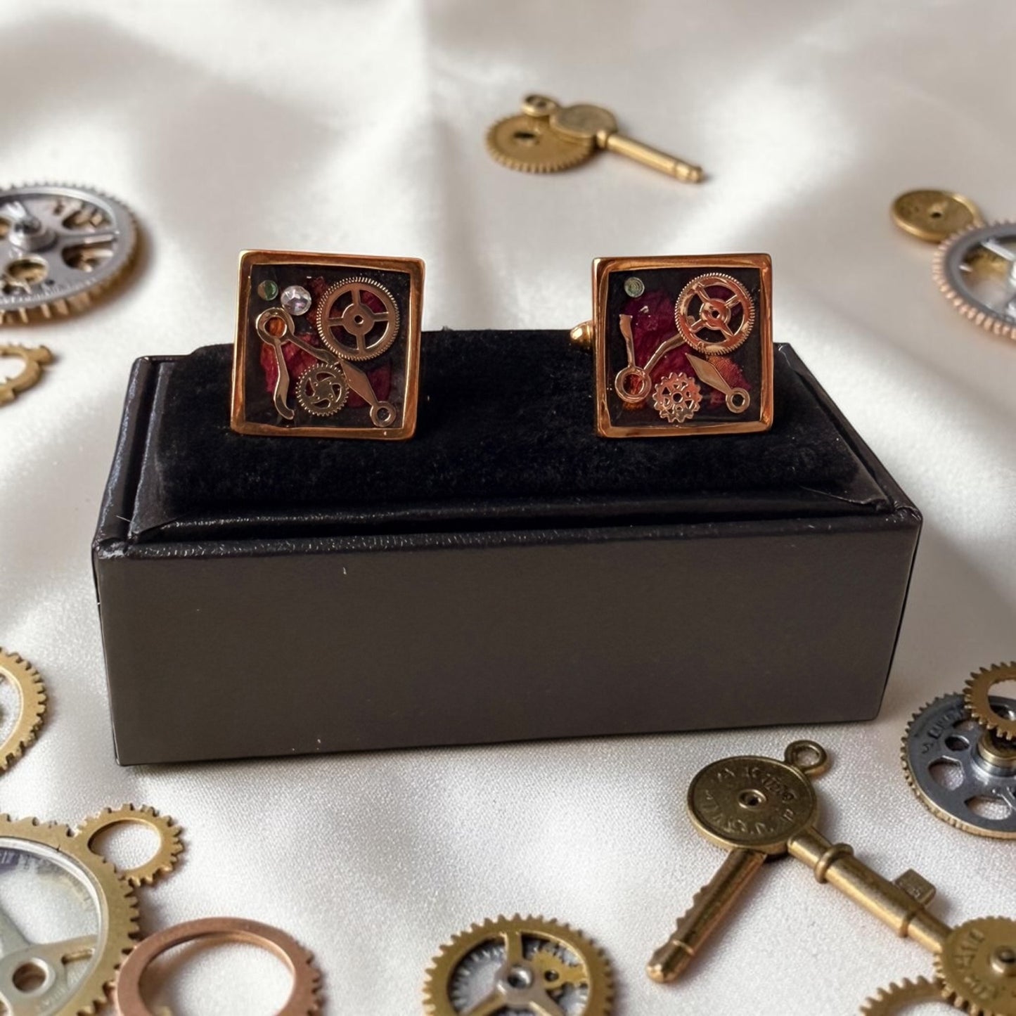 Rose Petals and Gears Steampunk Gold Cufflinks
