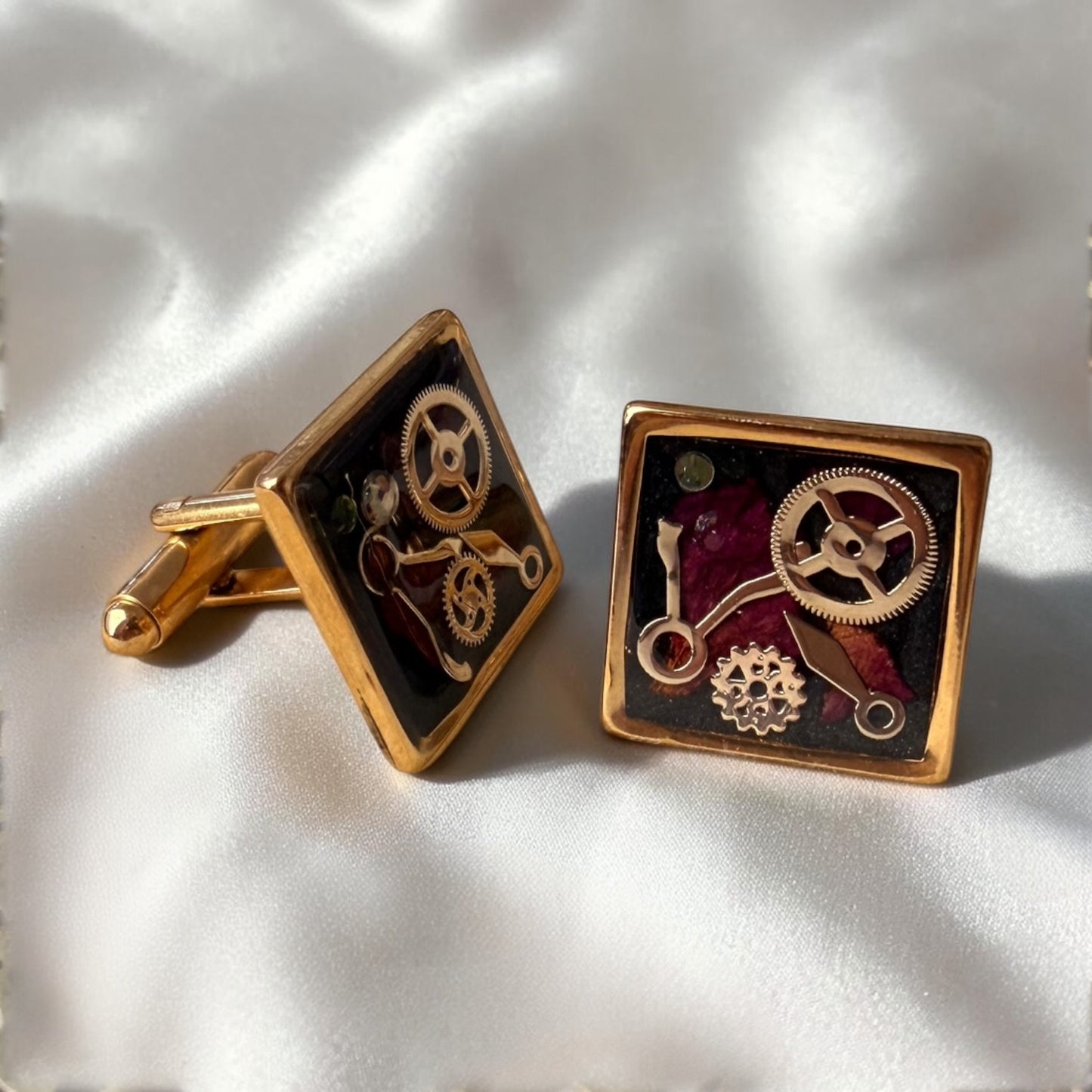 Rose Petals and Gears Steampunk Gold Cufflinks