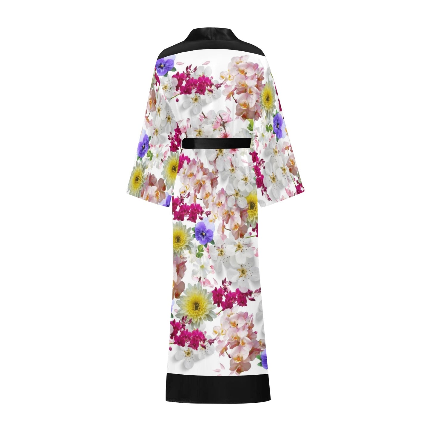 White Blossom Flower Print Women's Long Kimono Silky Robe