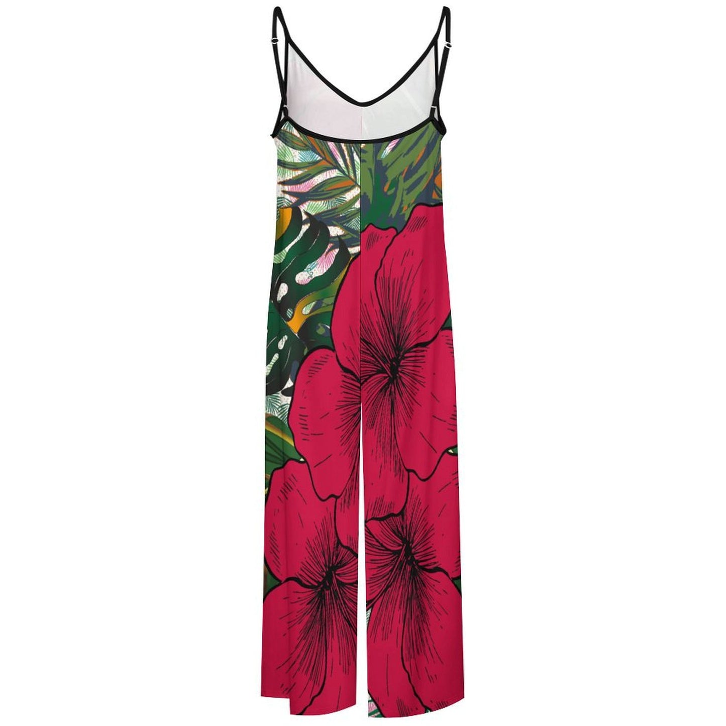 Queen Vee Red Hibiscus Floral Suspender Jumpsuit