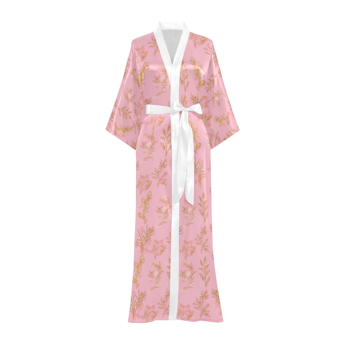 Pink Gold Oriental Leaf Women's Long Kimono Silky Feel Robe