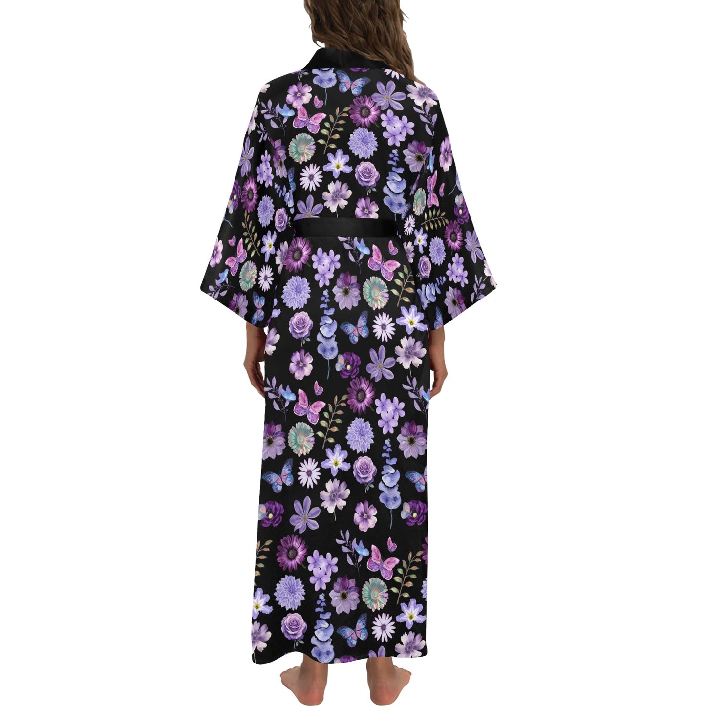 Lilac Black Floral Women's Long Kimono Silky Robe