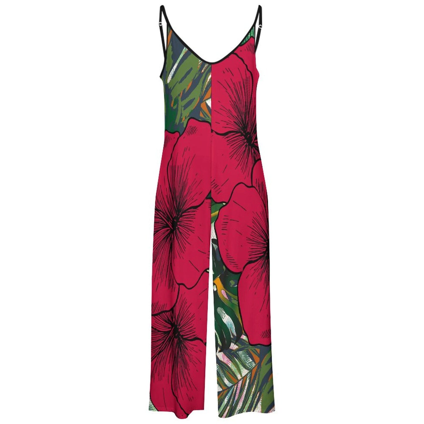 Queen Vee Red Hibiscus Floral Suspender Jumpsuit