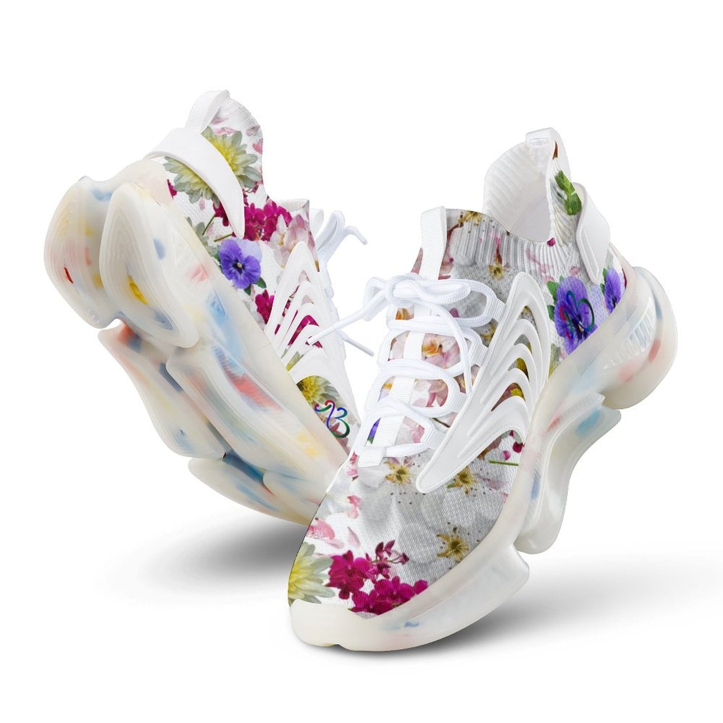 White Floral Print Mesh Unisex Sneakers Elastic Running Shoes