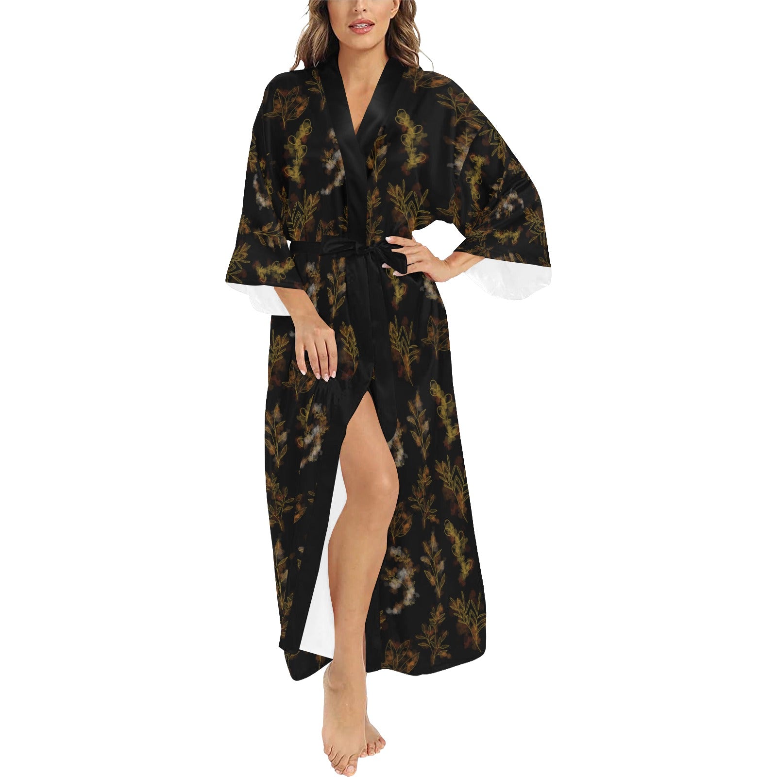 Black Gold Oriental Leaf Women's Long Kimono Robe Afribix Black Gold Oriental Leaf Women's Long Kimono Robe Afribix