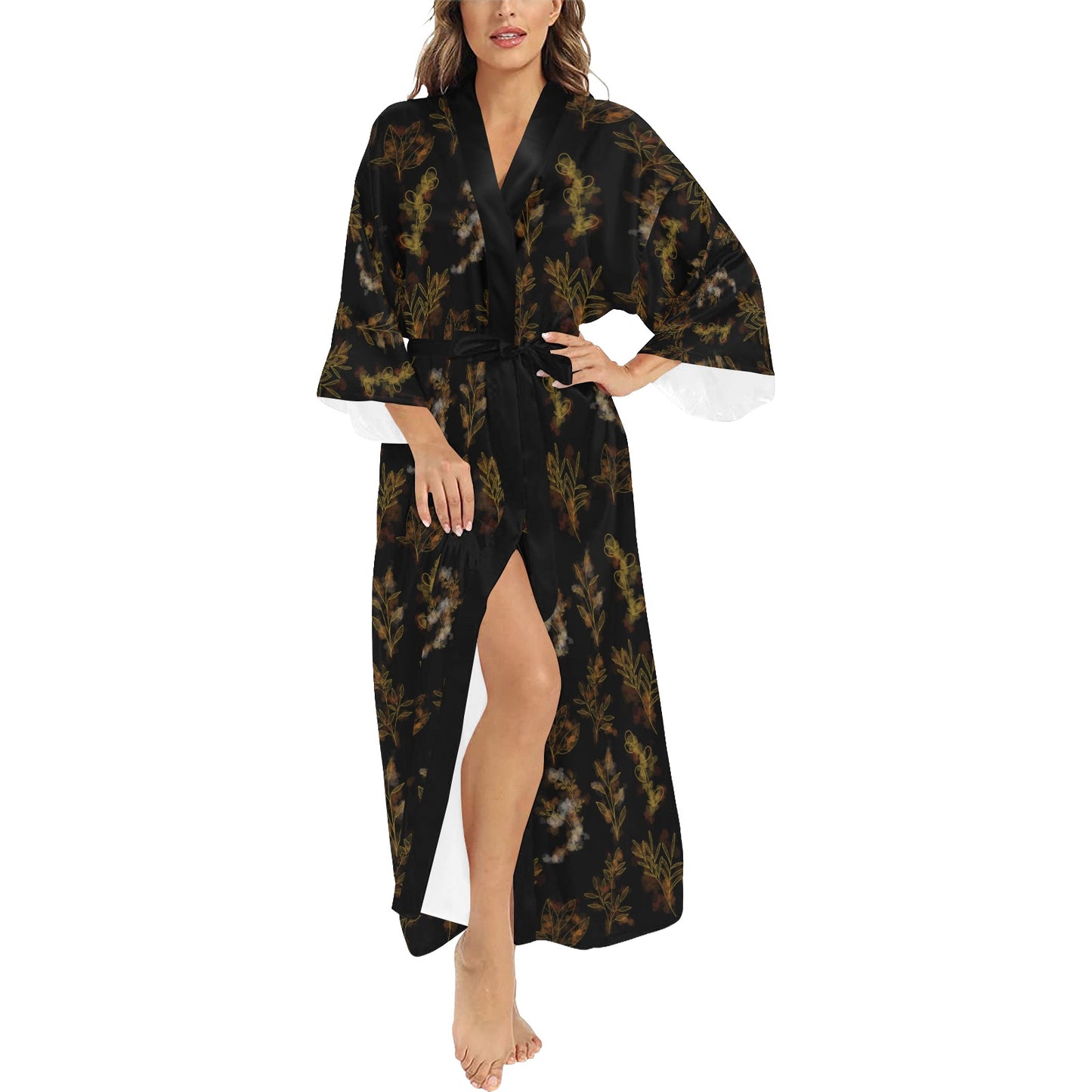 Black Gold Oriental Leaf Women's Long Kimono Robe