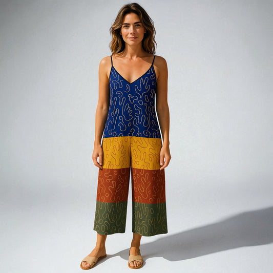 AfriBix Squigly Print Colour Block Suspender Jumpsuit
