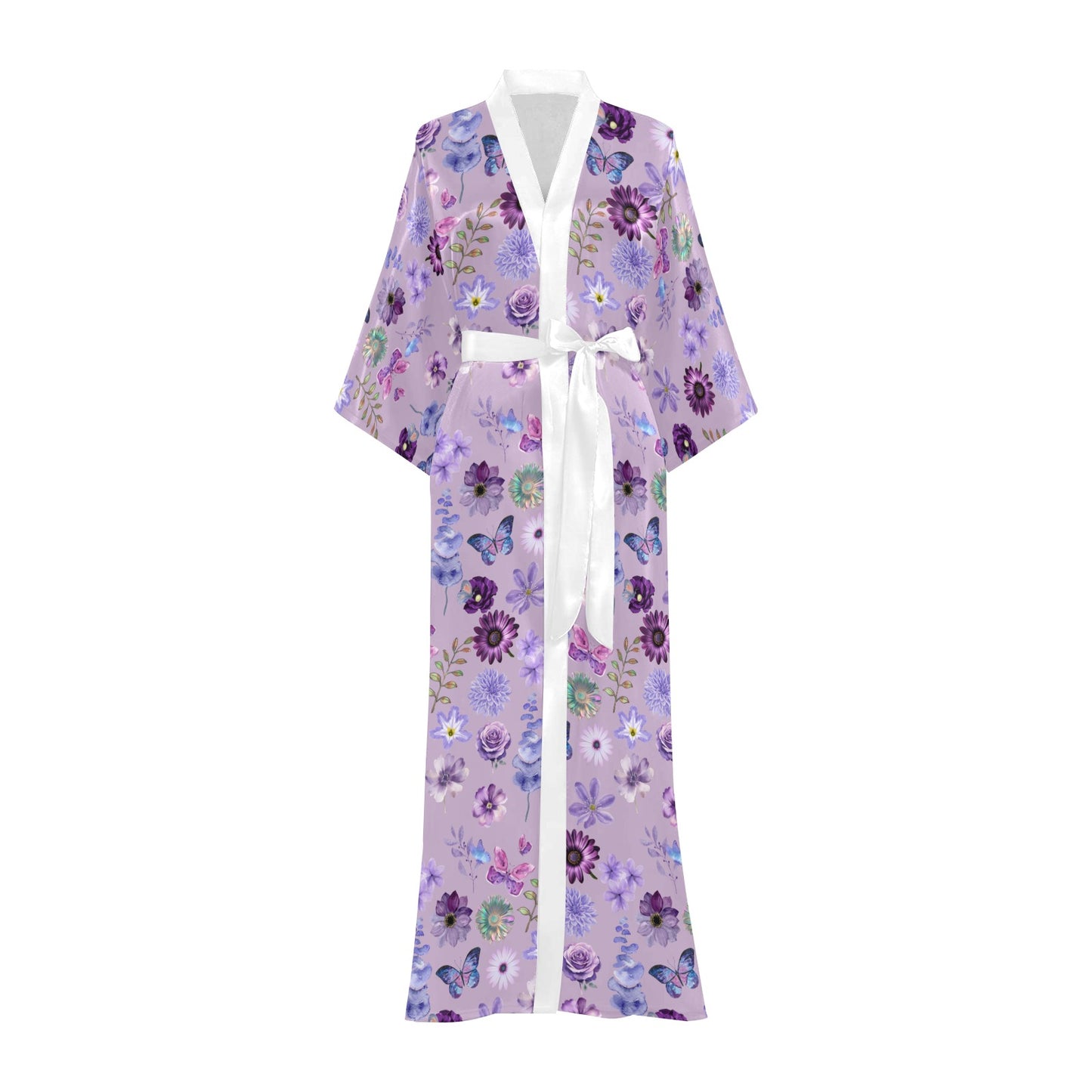 Lilac Purple Floral Women's Long Kimono Silky Robe