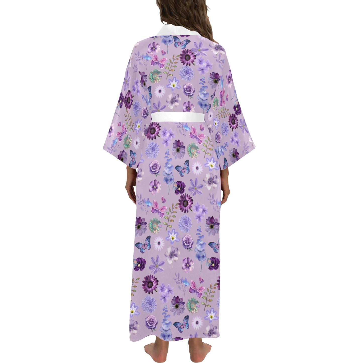 Lilac Purple Floral Women's Long Kimono Silky Robe