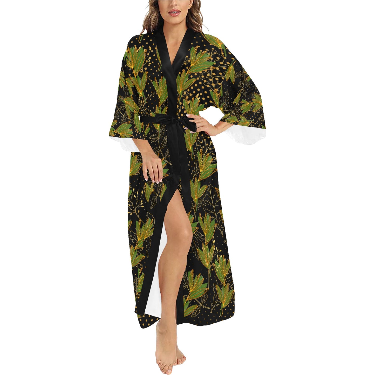 Black Gold Leaf Ankara Kimono Women's Long Kimono Robe