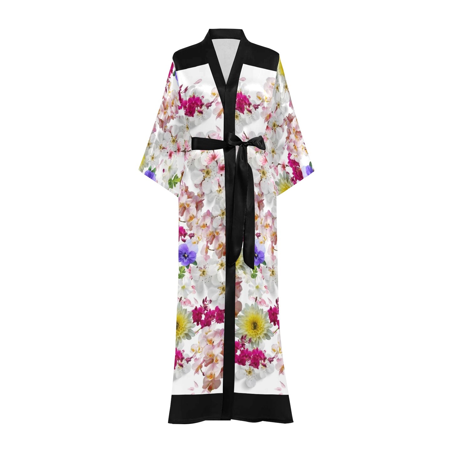 White Blossom Flower Print Women's Long Kimono Silky Robe