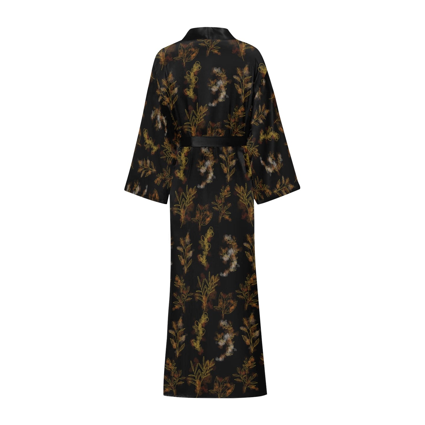 Black Gold Oriental Leaf Women's Long Kimono Robe