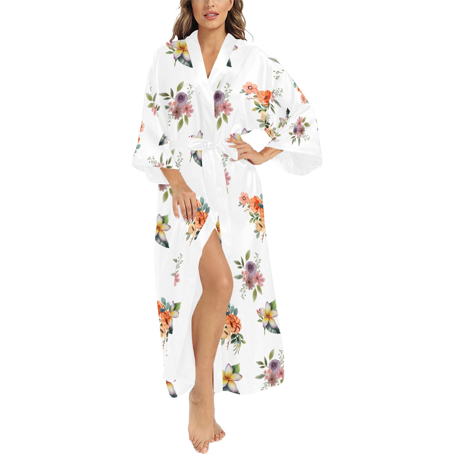 White Flower Print Women's Long Kimono Silky Robe