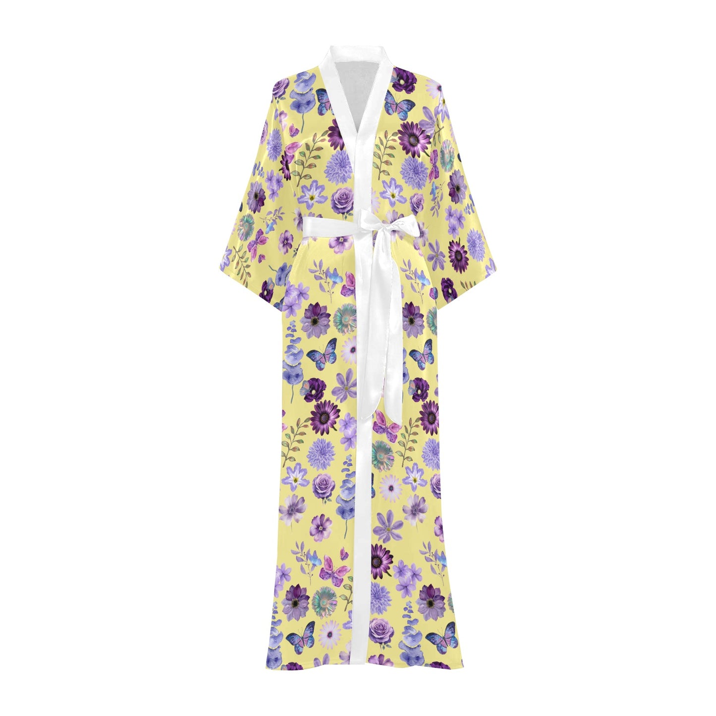 Yellow Lilac Floral Women's Long Kimono Silky Robe