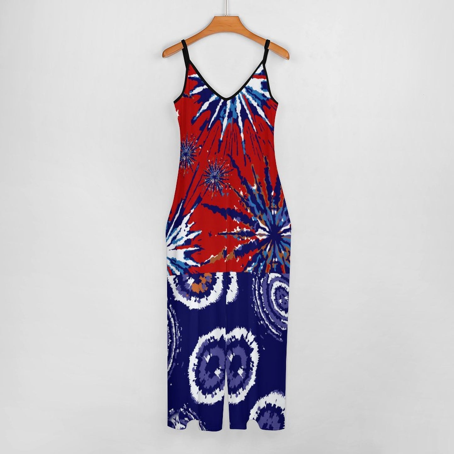 Red and Blue Tie and Dye Suspender Jumpsuit
