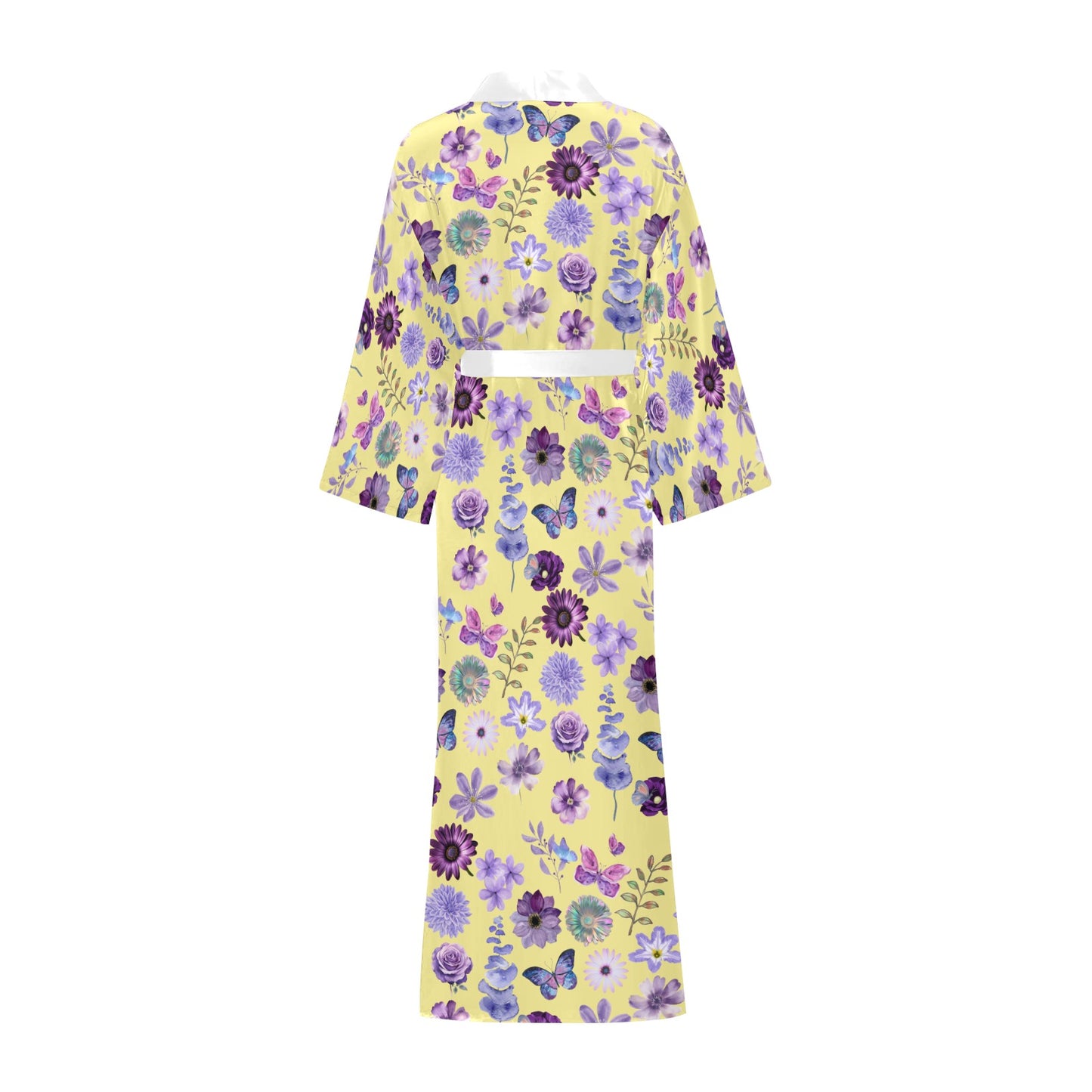 Yellow Lilac Floral Women's Long Kimono Silky Robe