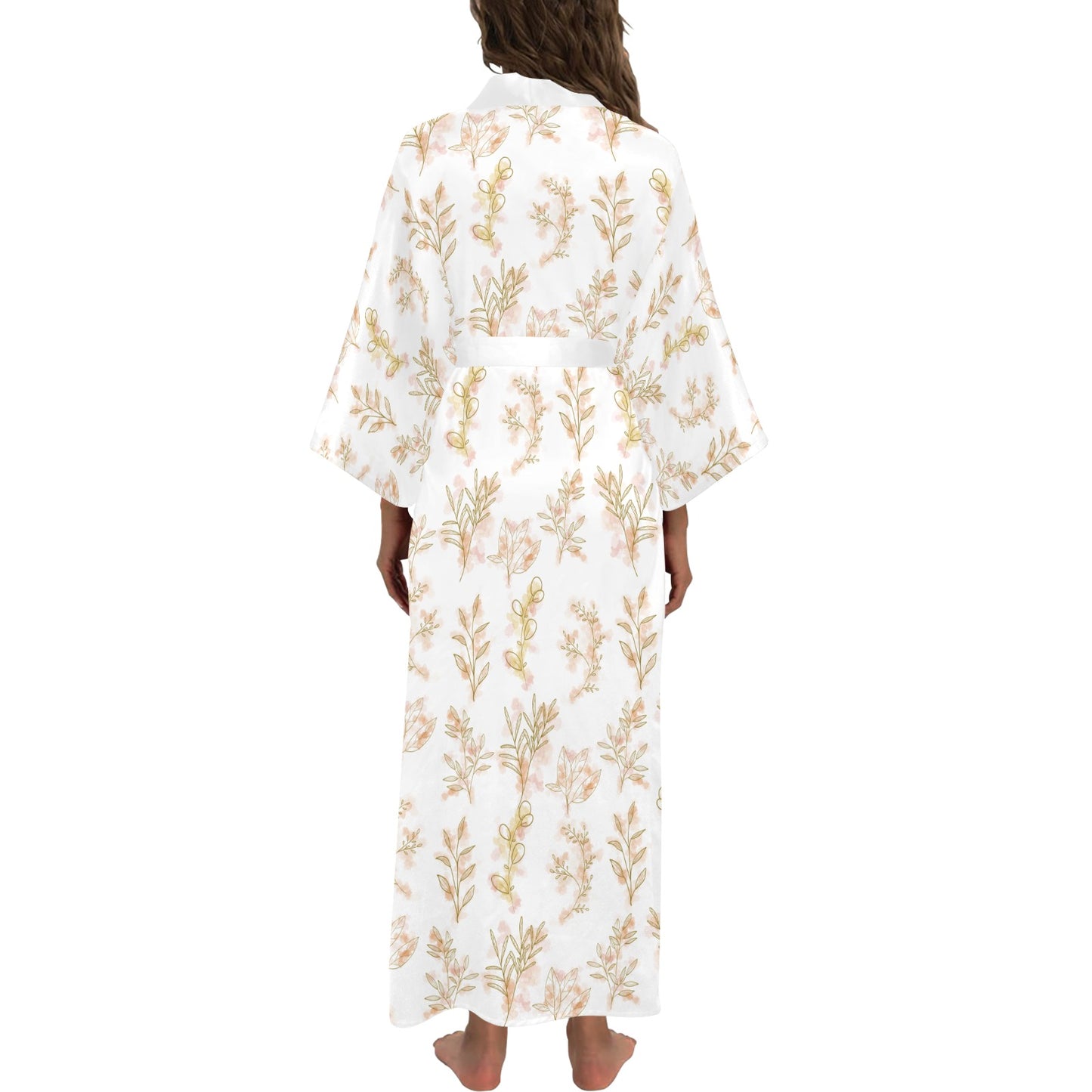 White Gold Oriental Leaf Women's Long Kimono Robe