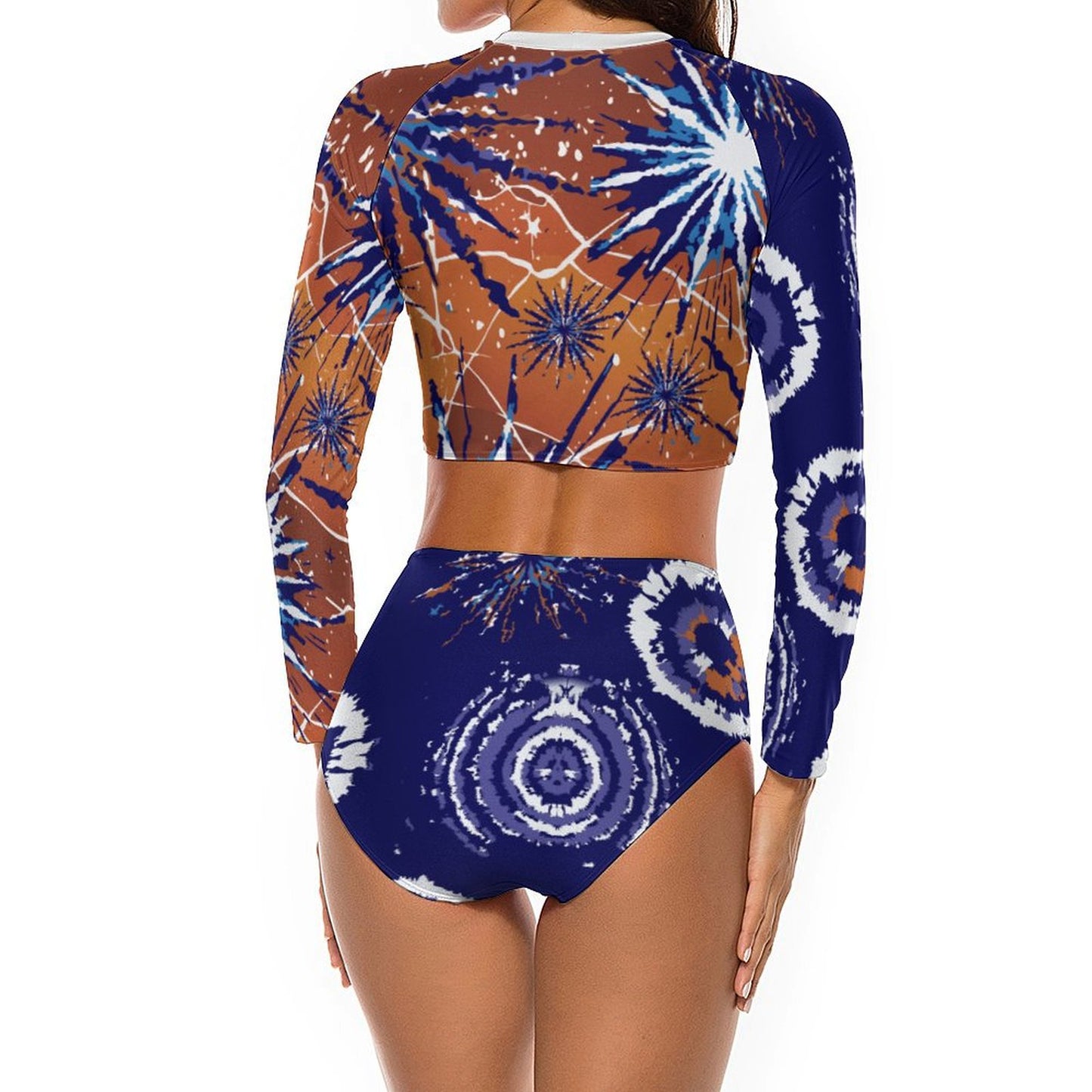 Luxury Women’s Long-Sleeve Tie-Dye Bikini Set – Elegant Blue & Mustard Two-Piece Swimsuit