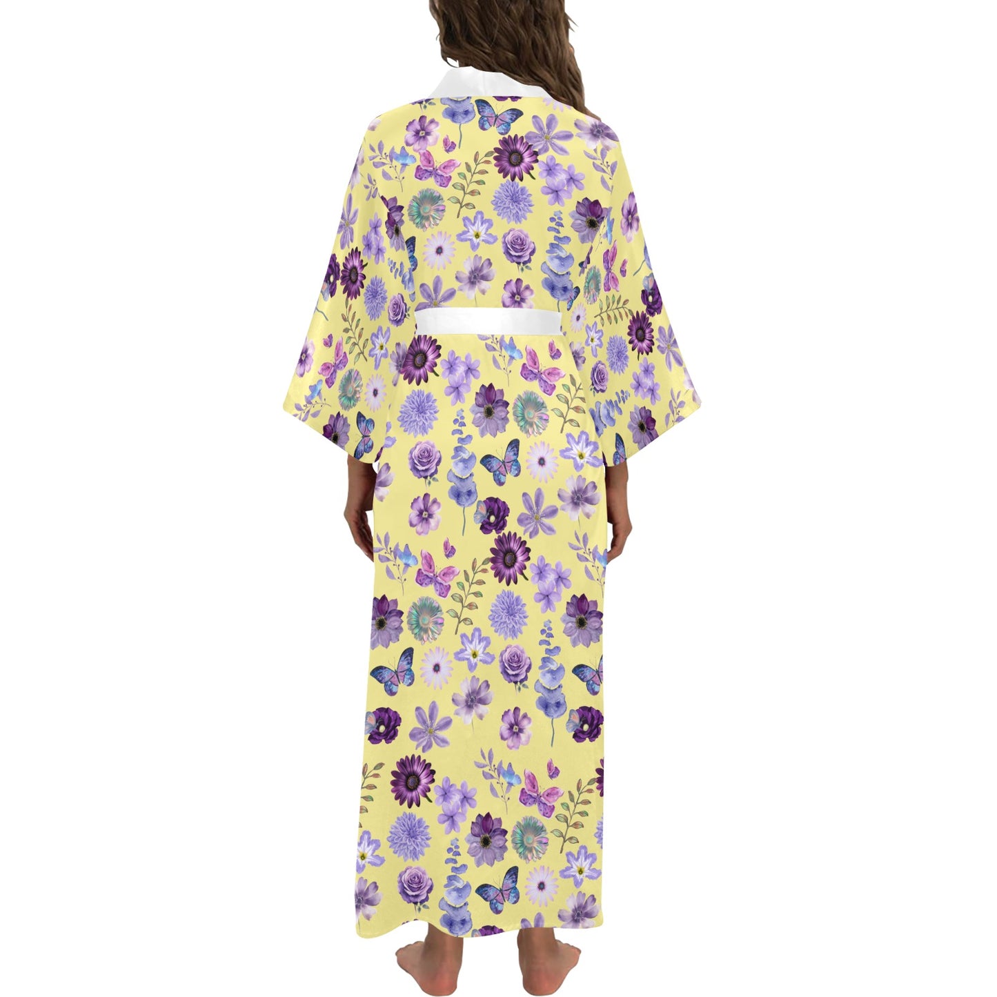 Yellow Lilac Floral Women's Long Kimono Silky Robe