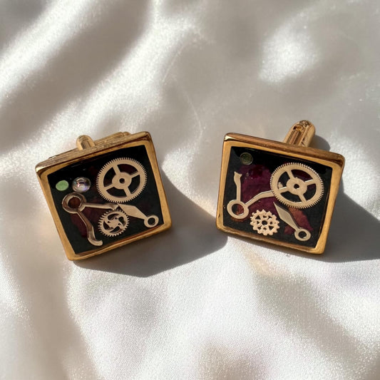 Rose Petals and Gears Steampunk Gold Cufflinks