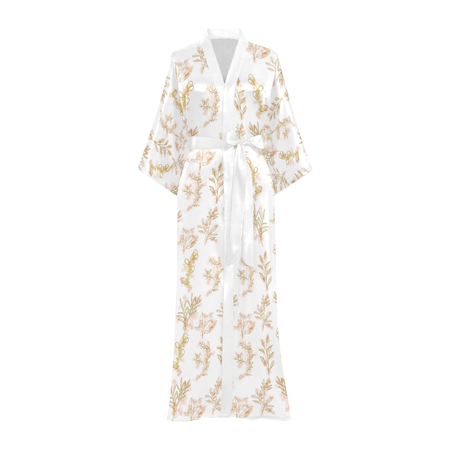 White Gold Oriental Leaf Women's Long Kimono Robe