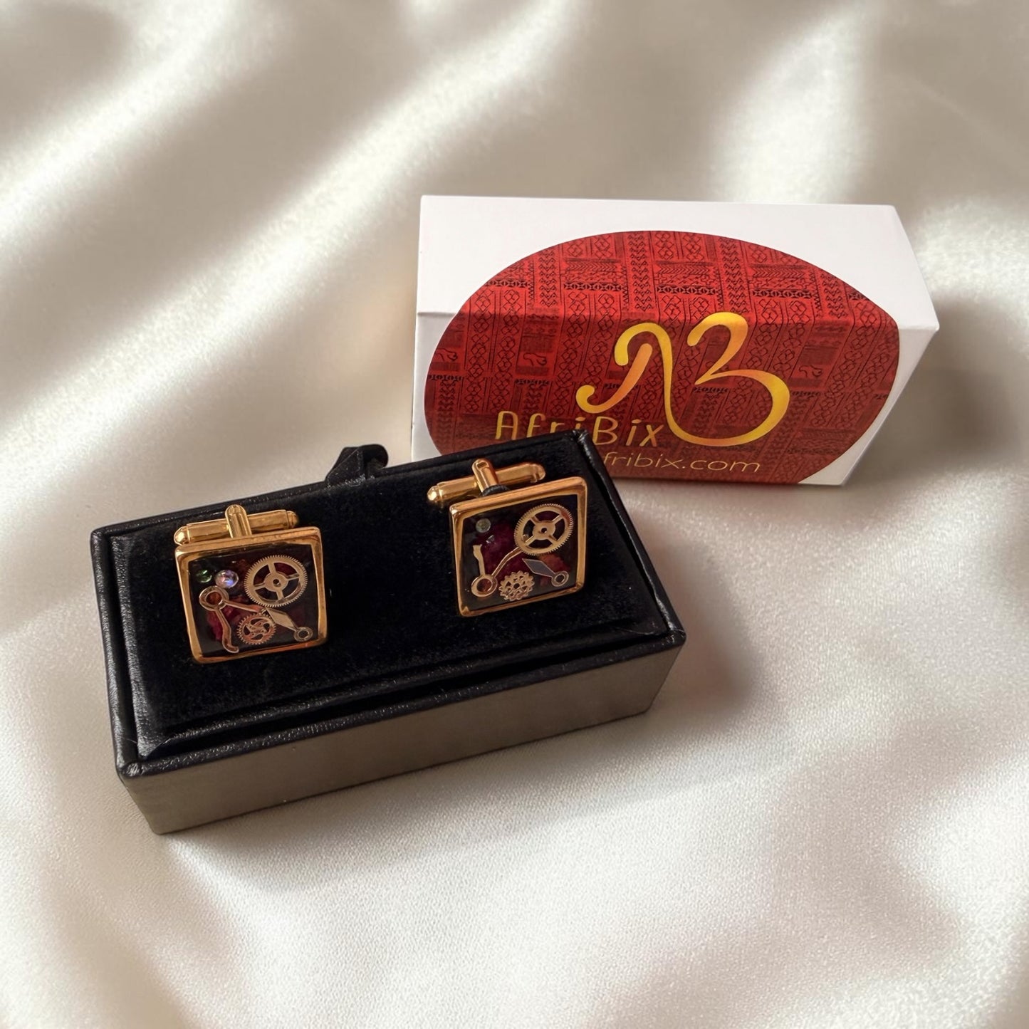 Rose Petals and Gears Steampunk Gold Cufflinks