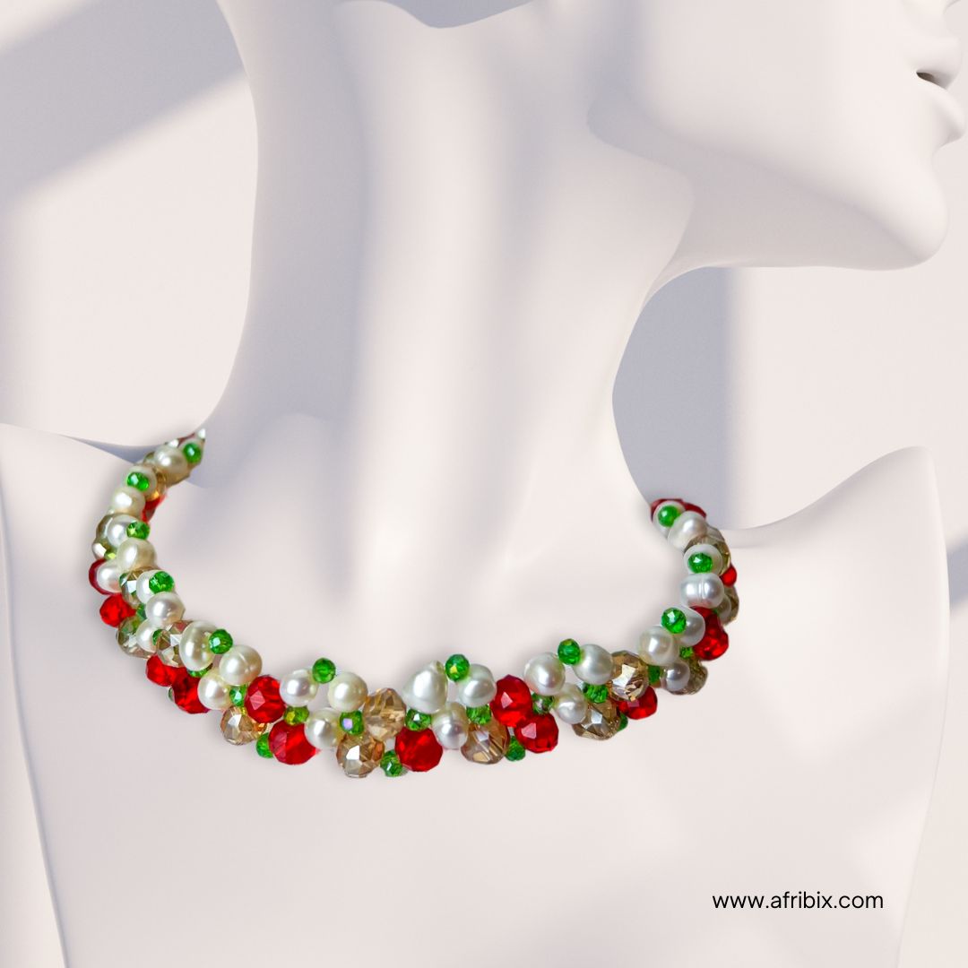 Pearl and Crystal Choker Necklace, Bracelet and Earring Set - Gold, Green, and Red