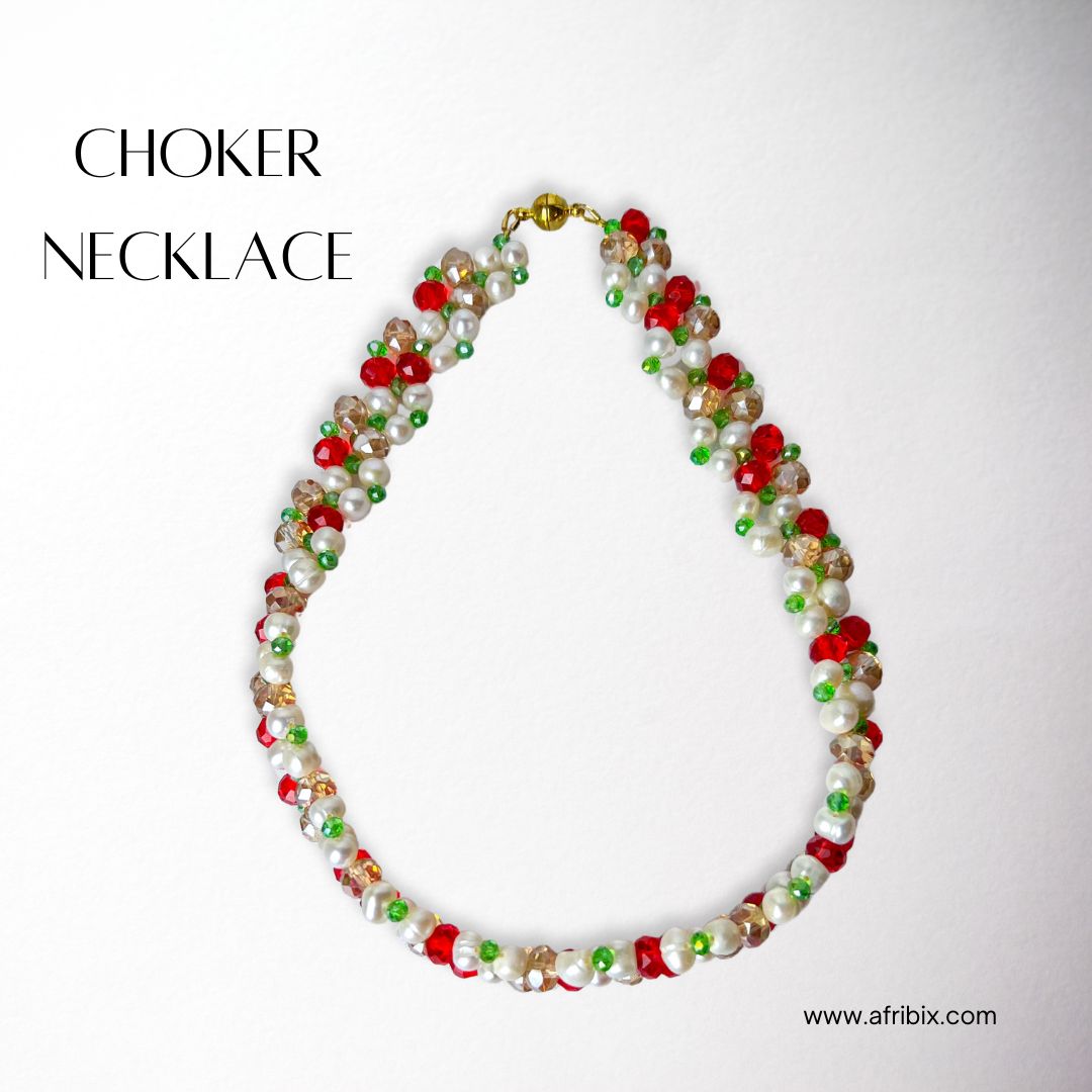 Pearl and Crystal Choker Necklace, Bracelet and Earring Set - Gold, Green, and Red