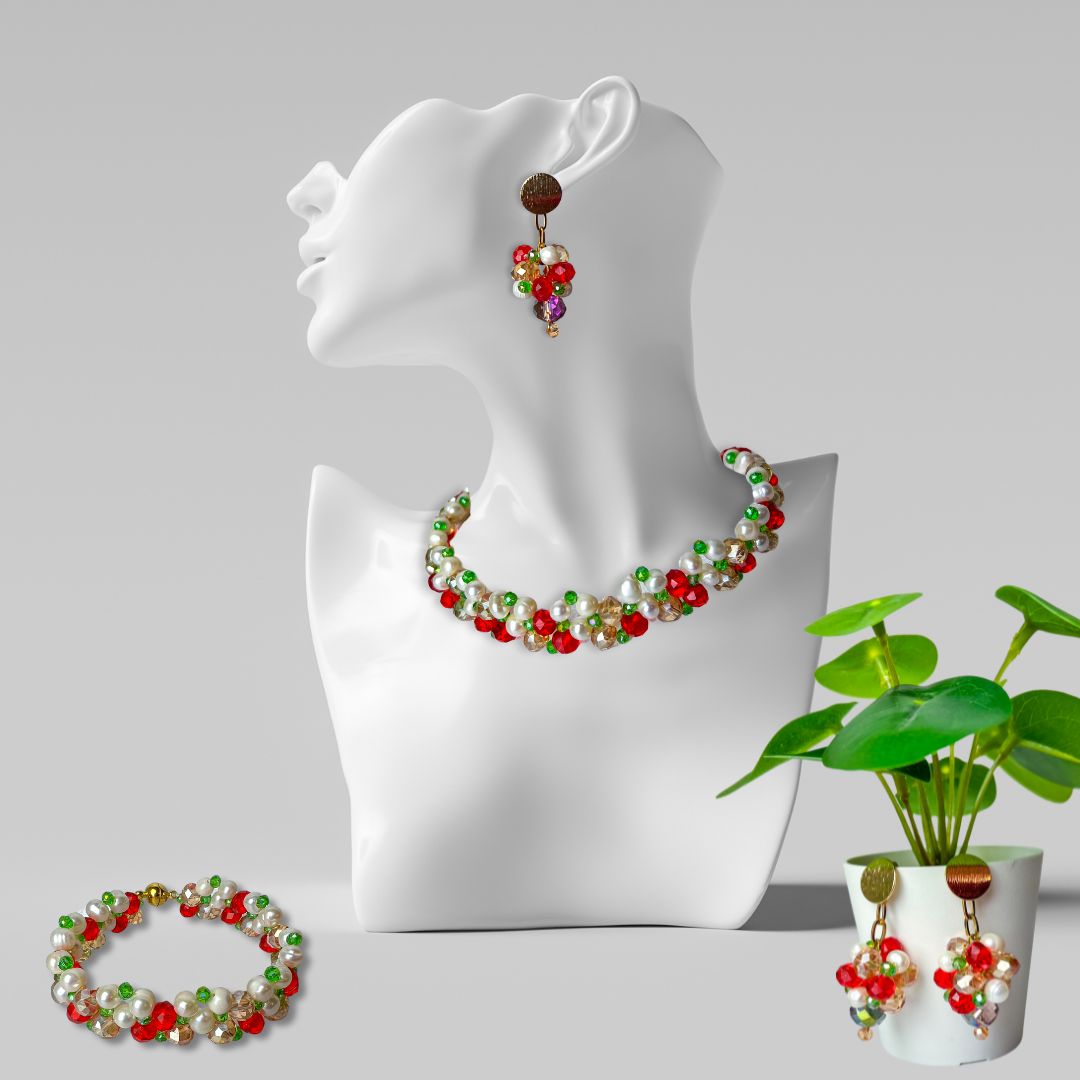 Pearl and Crystal Choker Necklace, Bracelet and Earring Set - Gold, Green, and Red