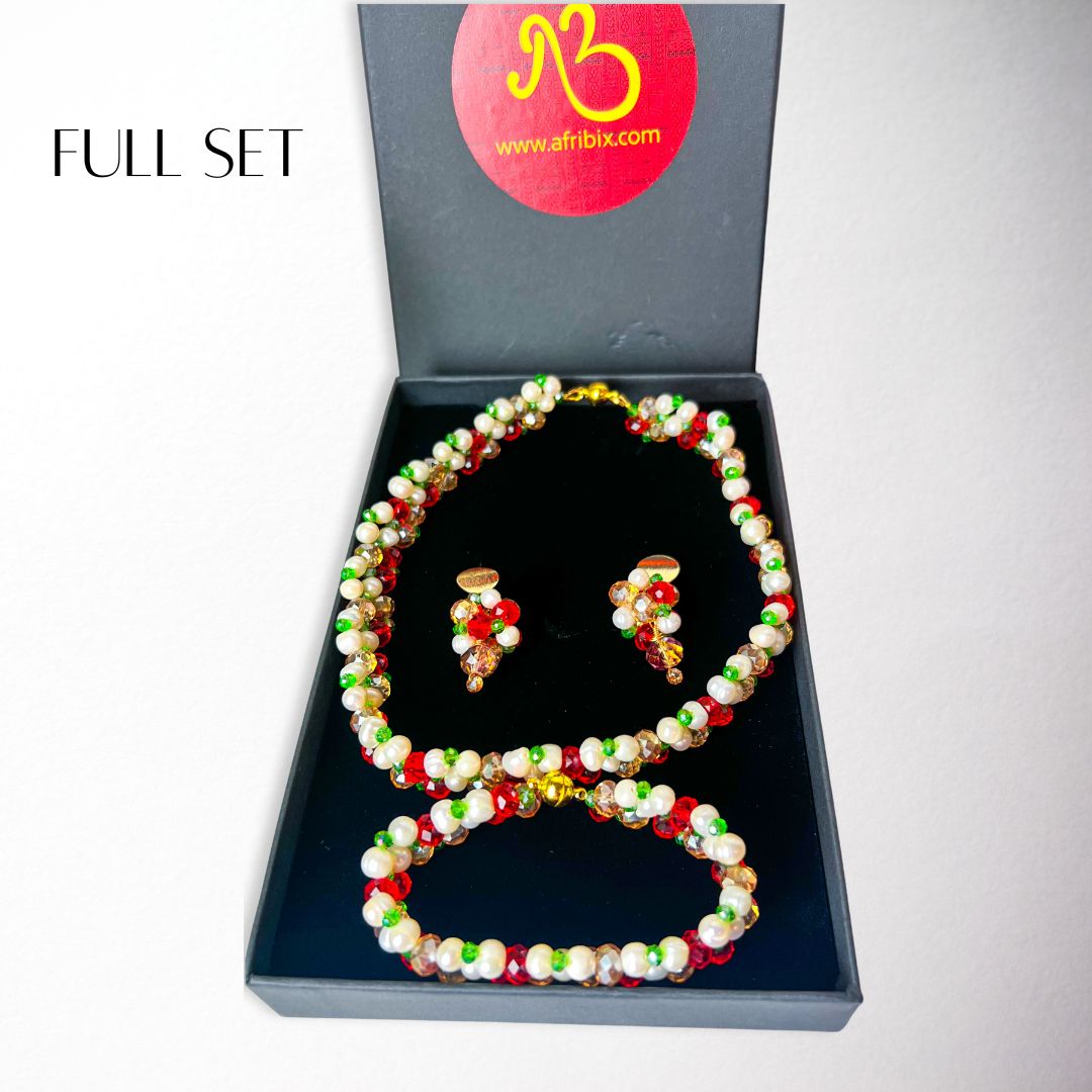 Pearl and Crystal Choker Necklace, Bracelet and Earring Set - Gold, Green, and Red