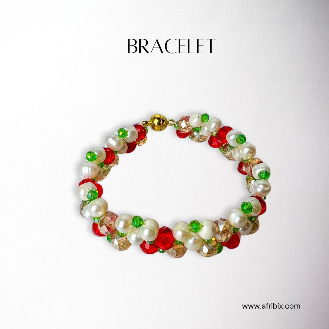 Pearl and Crystal Choker Necklace, Bracelet and Earring Set - Gold, Green, and Red