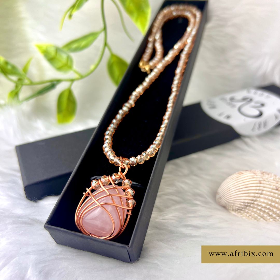 Rose Quartz Crystal Stone Lotus Pendant and Necklace