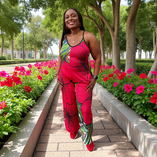 Queen Vee Red Hibiscus Floral Suspender Jumpsuit