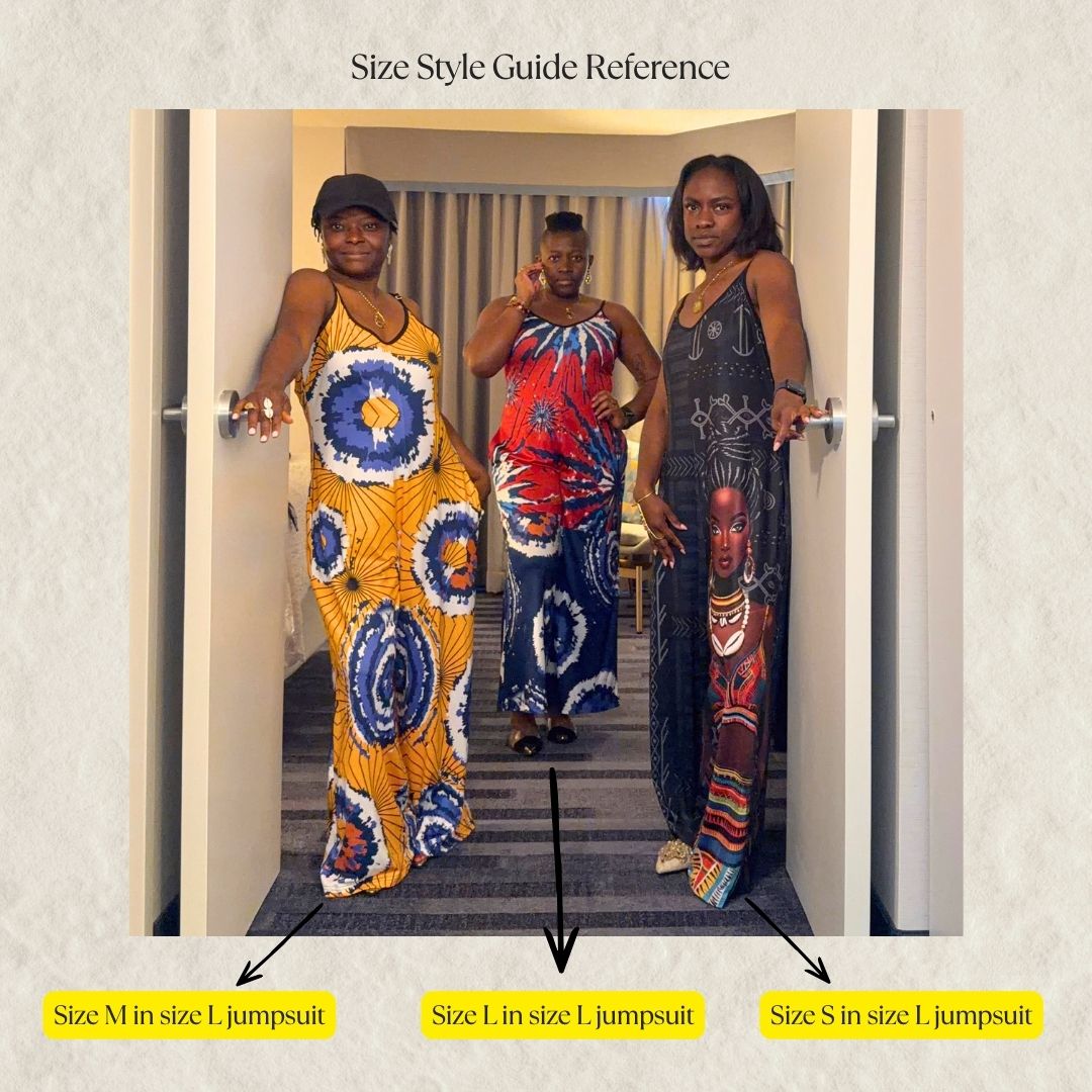 A size style guide reference image showing three women modeling different color and patterned jumpsuits in a doorway. The image includes text labels indicating size comparisons for M, L, and S in size L jumpsuits, set against a light textured background.