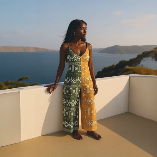 Ncheta Mustard and Green Spaghetti-Strap Suspender Jumpsuit
