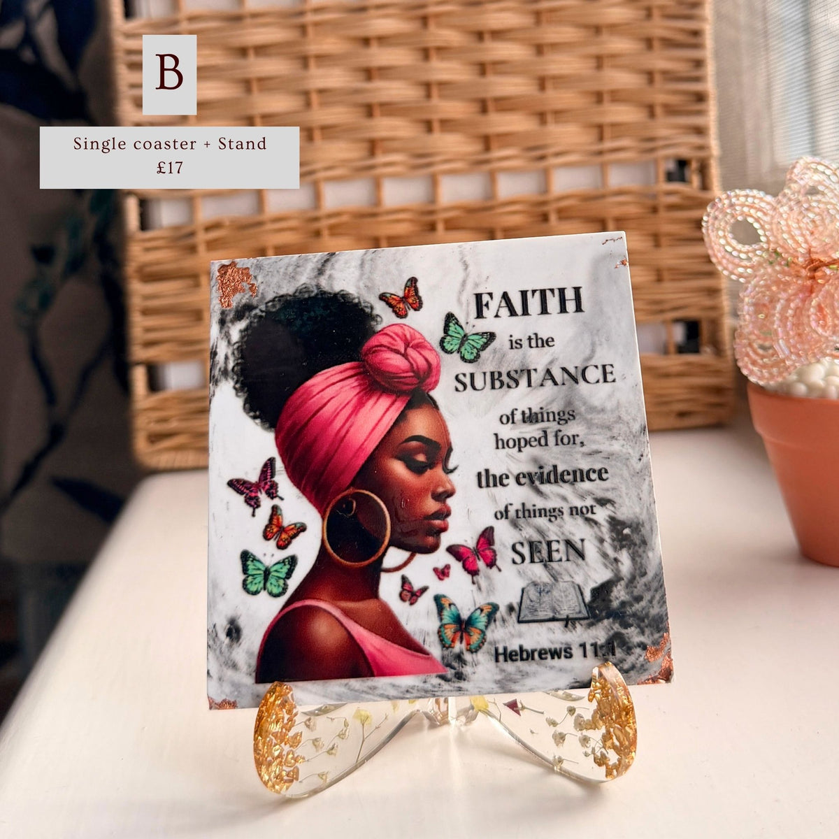 Charcoal and white eco-ceramic coaster featuring a portrait of a Black woman and Hebrews 11:1, Version B