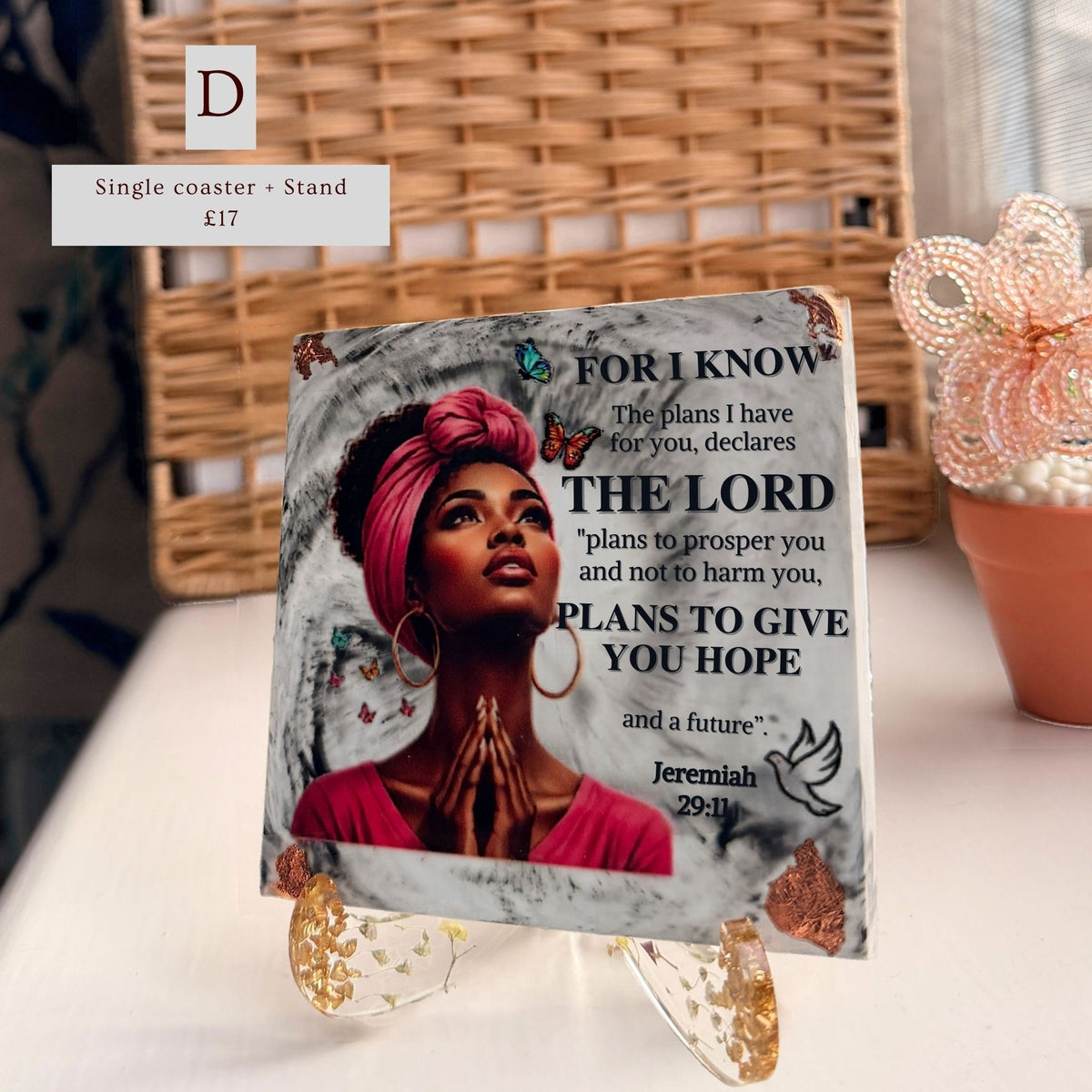 Handmade charcoal and white Bible verse coaster featuring a portrait of a Black woman and Jeremiah 29:11, Version D