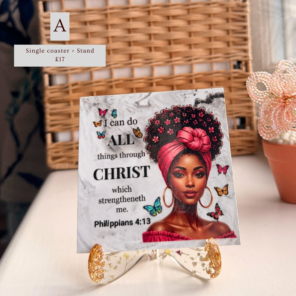 Handmade charcoal and white Bible verse coaster featuring a portrait of a Black woman and Philippians 4:13, Version A