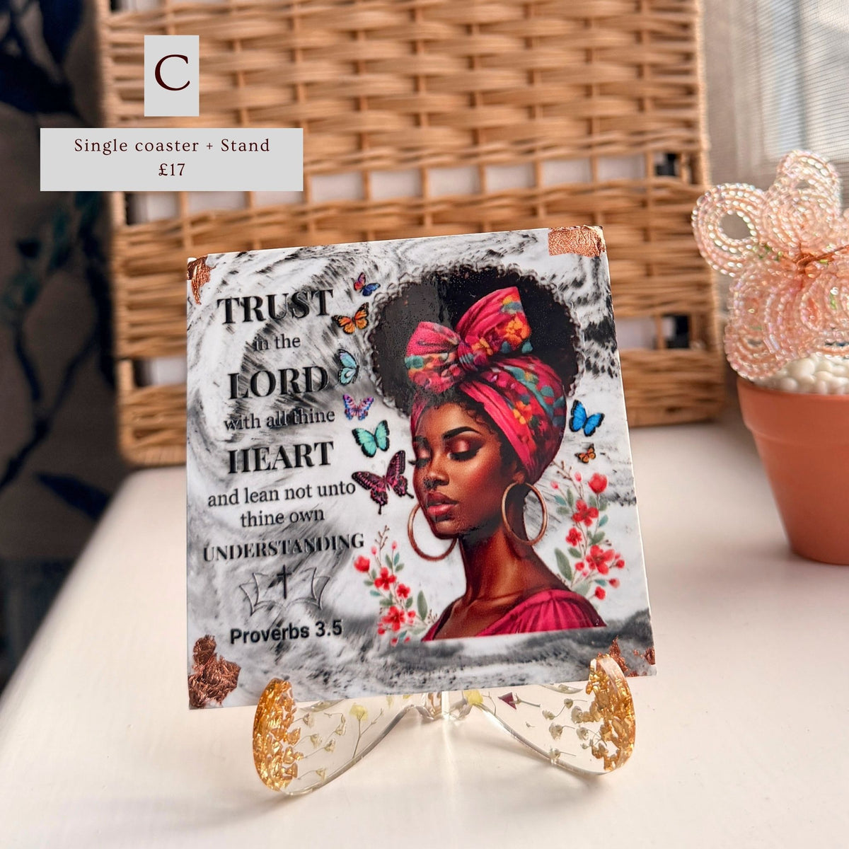 Handmade charcoal and white Bible verse coaster featuring a portrait of a Black woman and Proverbs 3:5, Version C