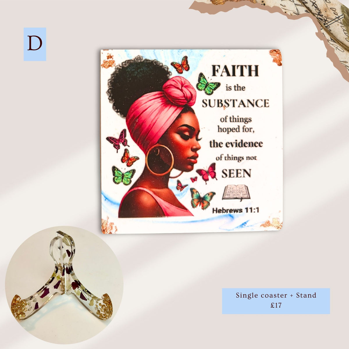 Handmade blue Bible verse coaster and stand featuring a portrait of a Black woman and Hebrews 11:1