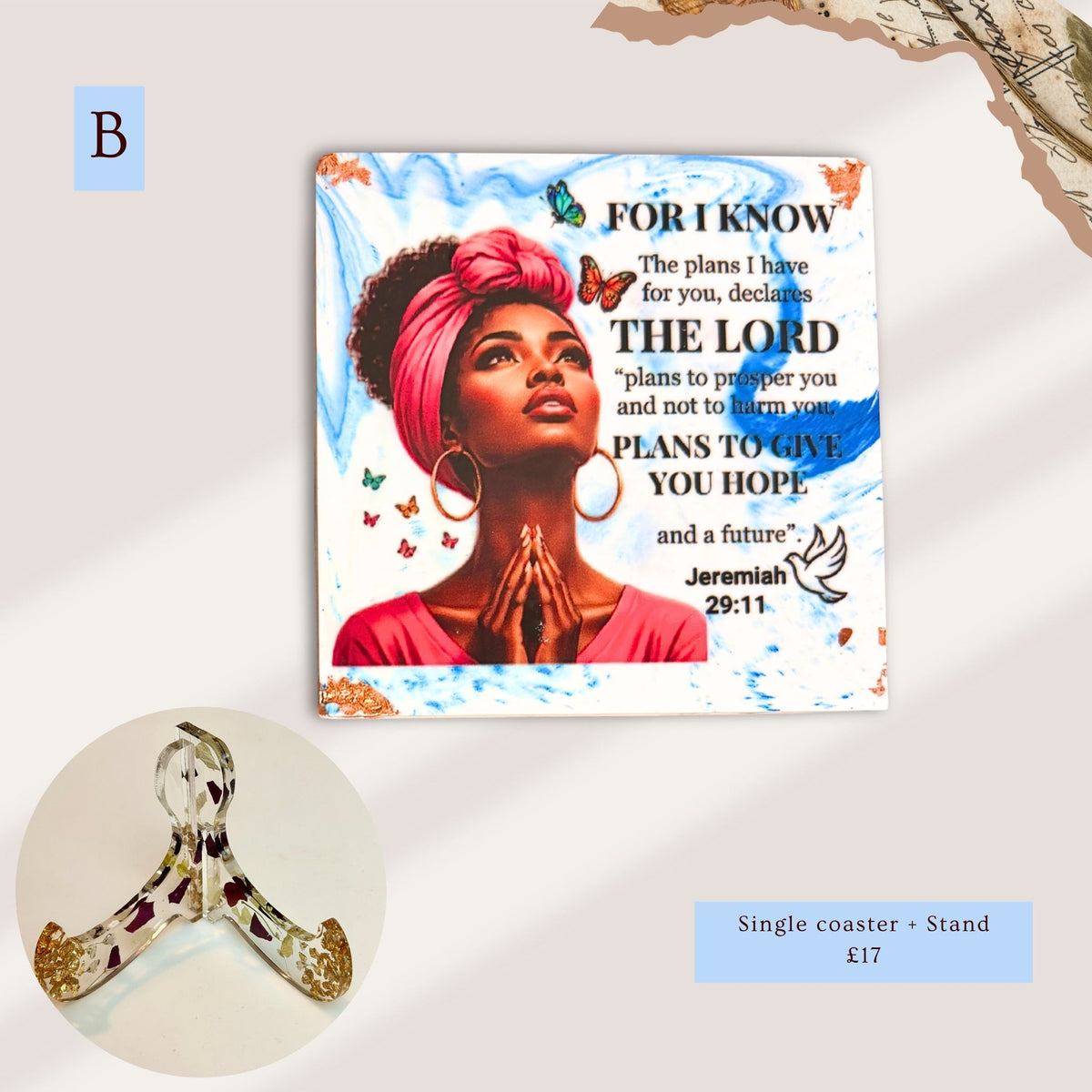 Handmade blue Bible verse coaster and stand featuring a portrait of a Black woman and Jeremiah 29:11
