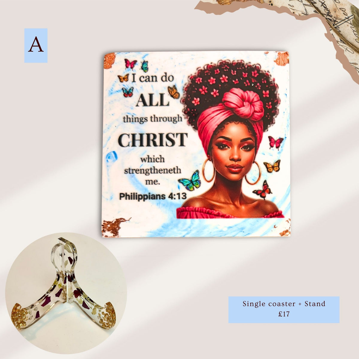 Handmade blue Bible verse coaster and stand featuring a portrait of a Black woman and Philippians 4:13
