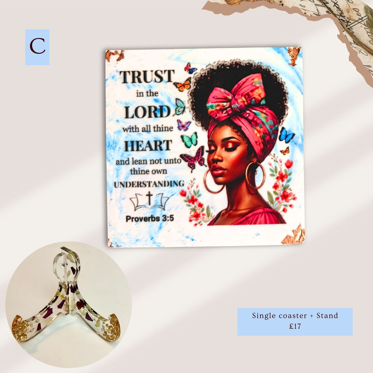 Handmade blue Bible verse coaster and stand featuring a portrait of a Black woman and Proverbs 3:5