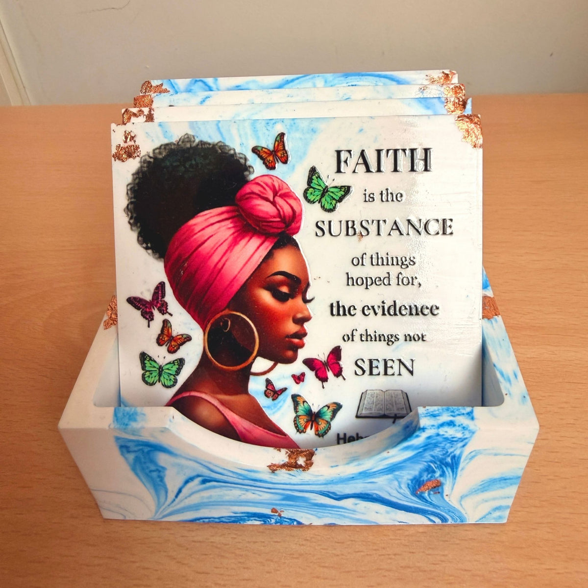 set of 4 Handmade blue Bible verse coasters featuring portraits of a Black woman and scripture.
