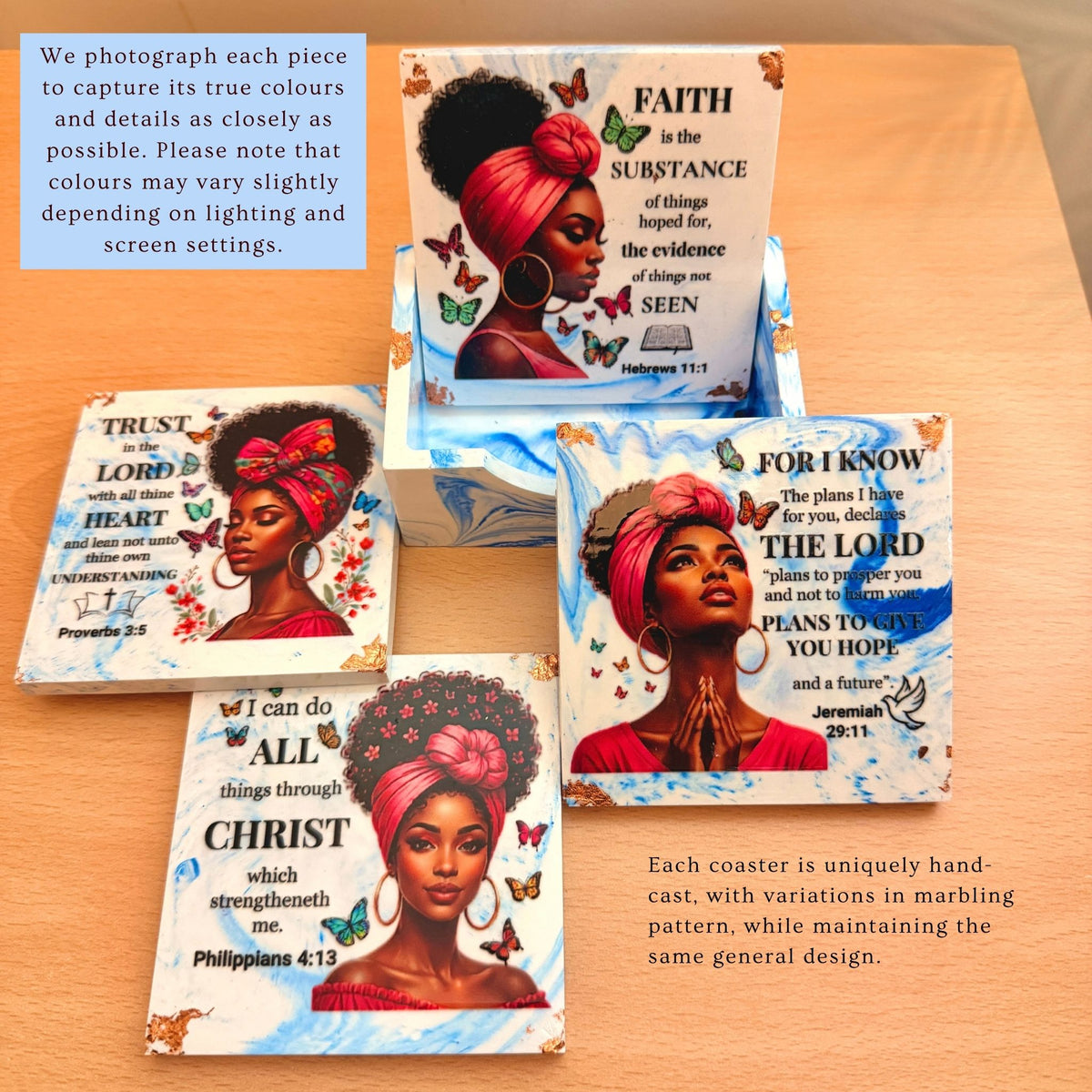 Set of four handmade blue Bible verse coasters featuring portraits of Black women