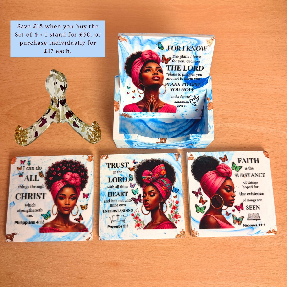 Set of four handmade blue Bible verse coasters featuring portraits of Black women with matching case