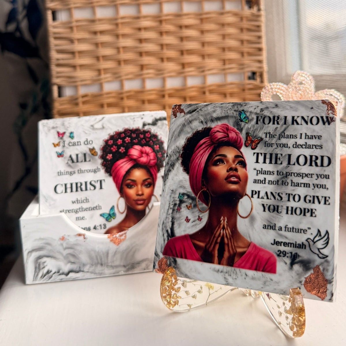 Set of four handmade charcoal and white Bible verse coasters featuring portraits of Black women