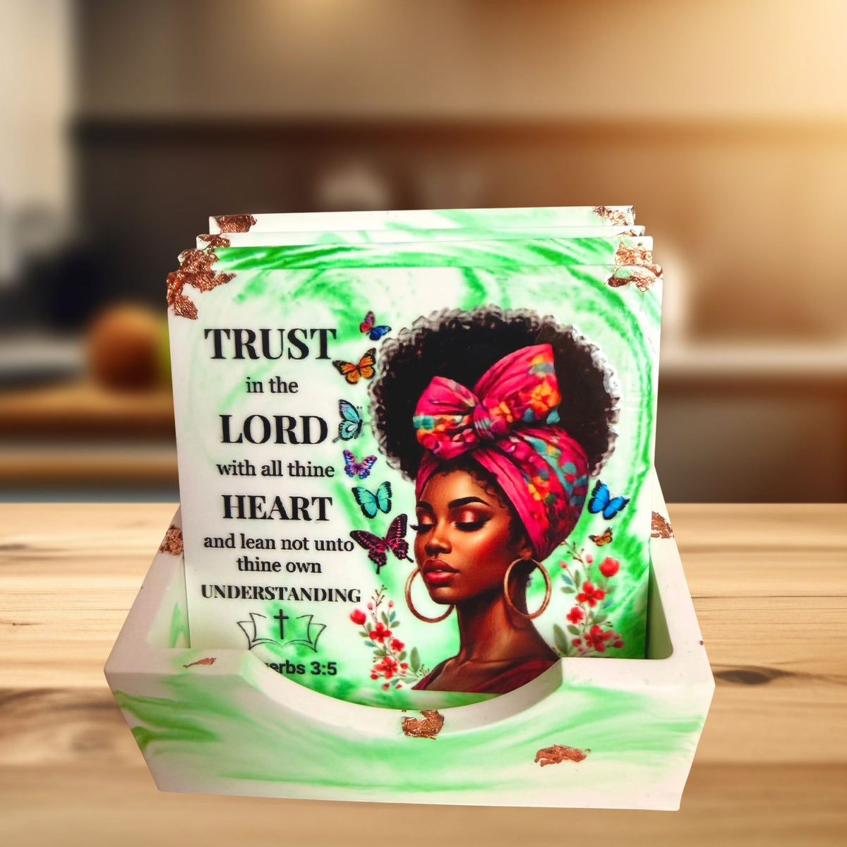 Set of four handmade green Bible verse coasters featuring portraits of Black women