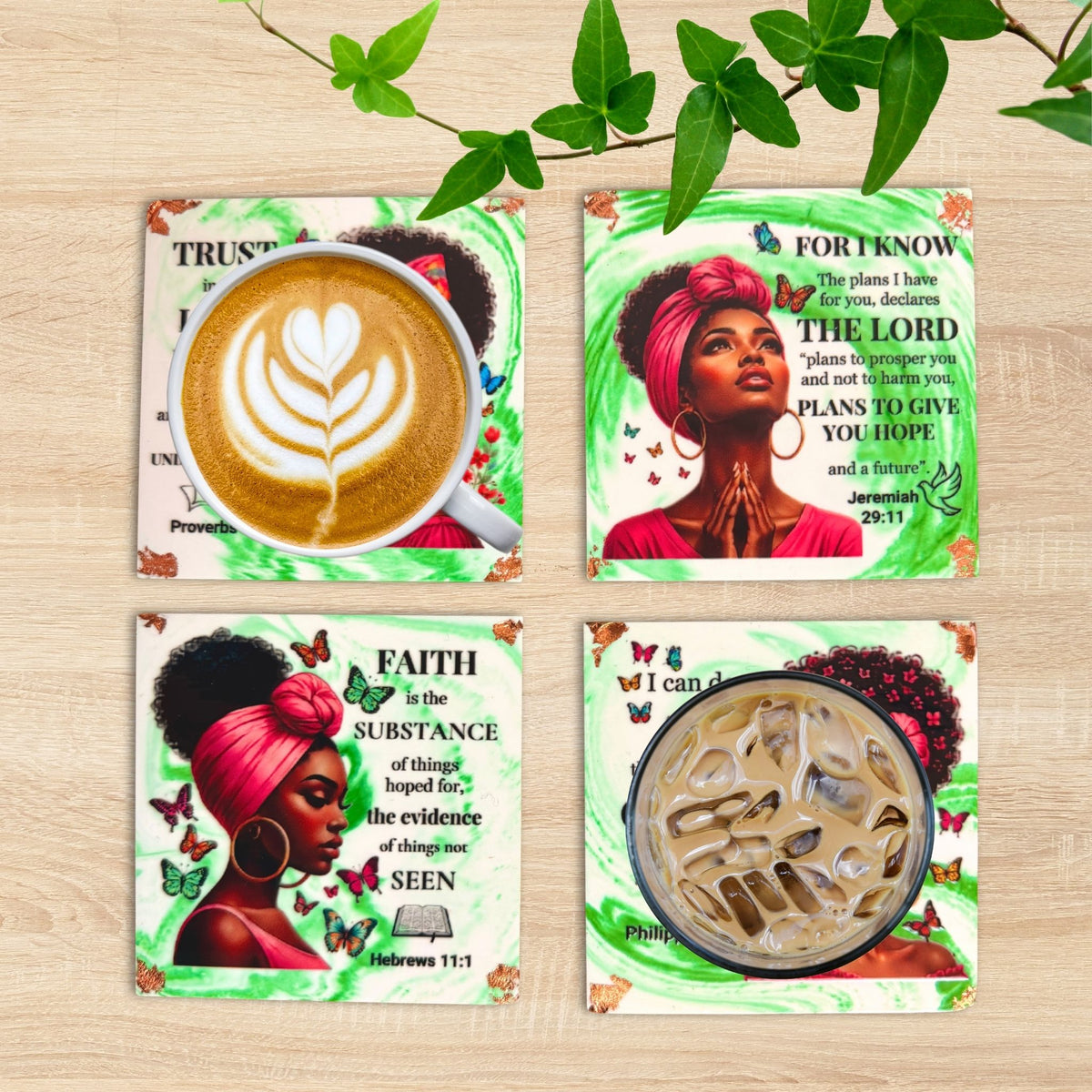 Set of four handmade green Bible verse coasters featuring portraits of Black women
