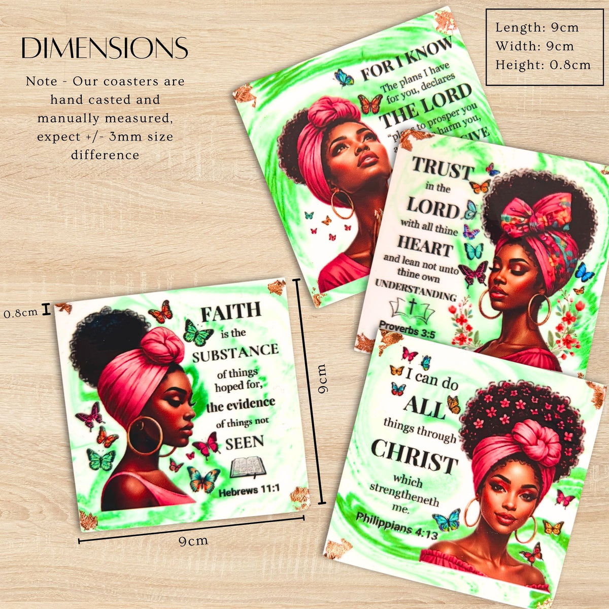 Set of four handmade green Bible verse coasters featuring portraits of Black women with dimensions 9cm by 9cm